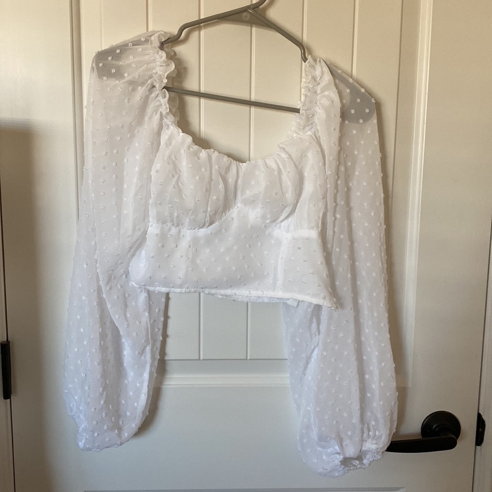 Swiss Dot Lettuce Trim Crop Milkmaid Blouse - Picture 2 of 3